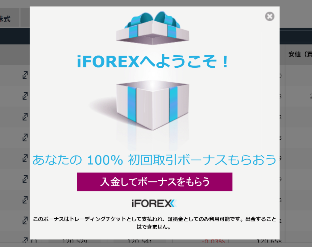 海外FX iFOREX(アイフォレックス)　初回取引ボーナス　100％入金ボーナス