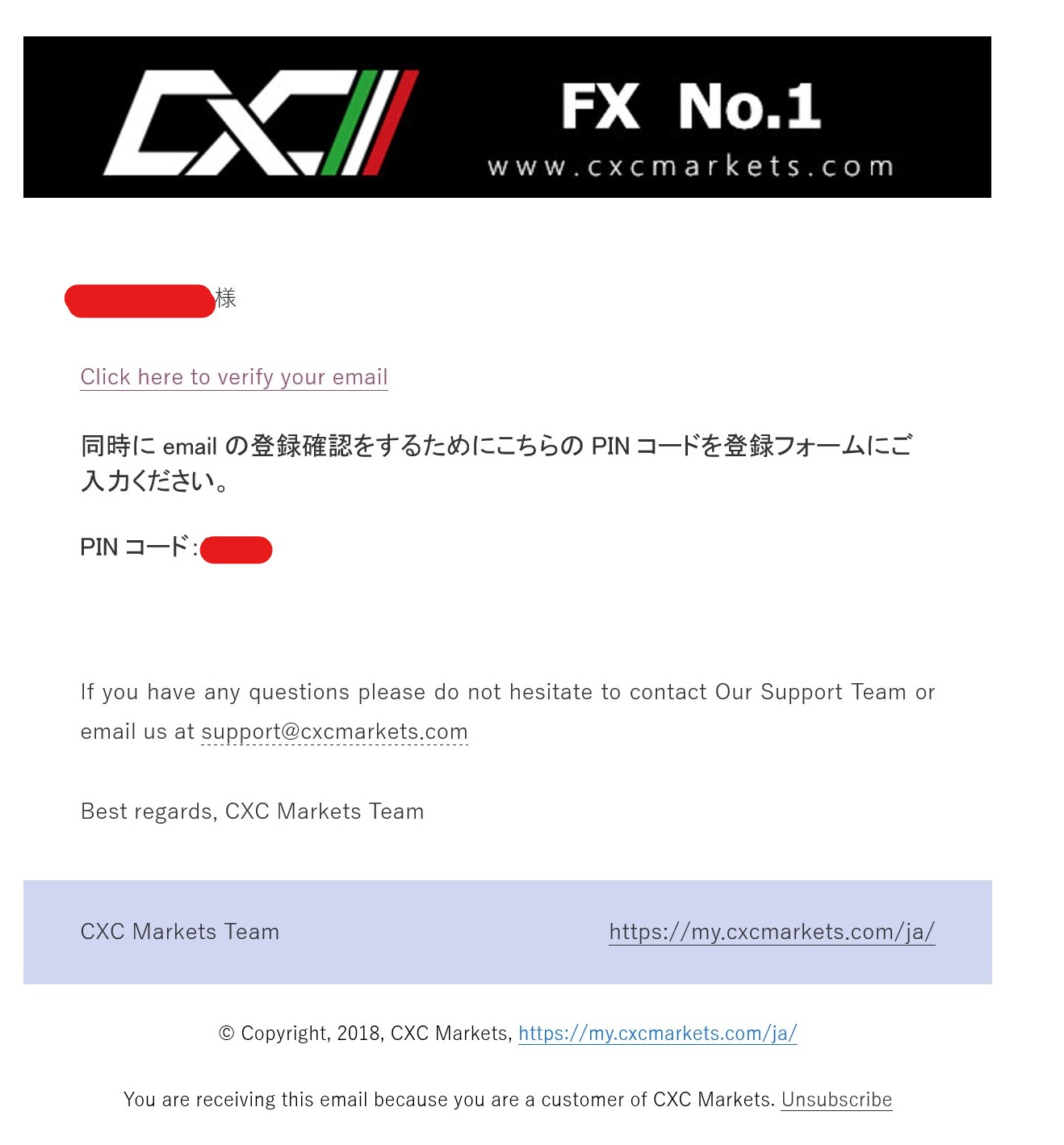 海外FX CXC Markets　メールアドレスの登録確認画面　PINコード