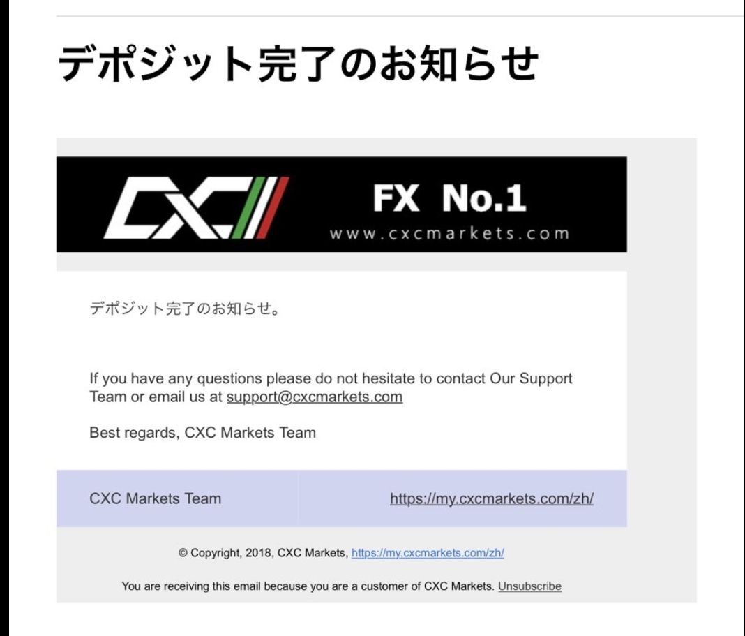 海外FX CXC Markets　入金完了画面
