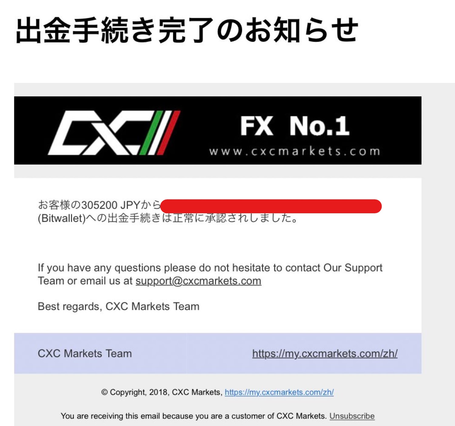 海外FX CXC Markets　出金完了画面